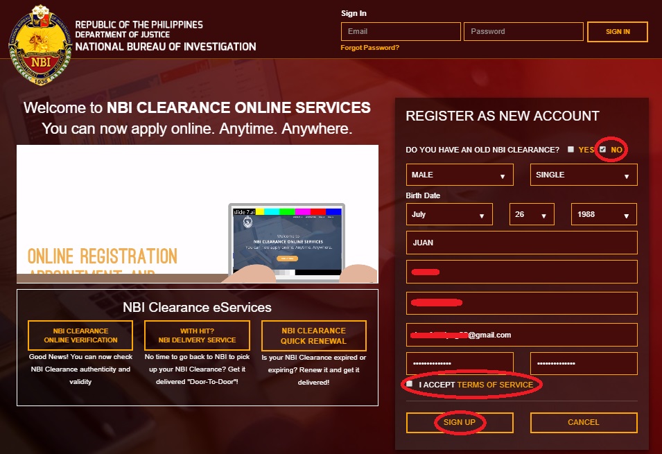 Registering as a new account in NBI Clearance Online Services website.