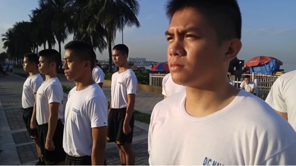 Cadets in their exercise attire while in the formation.