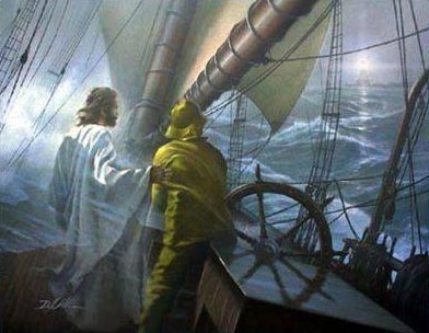 A painting of a sailor grabbing the steering wheel during a rough weather and Jesus standing beside him.