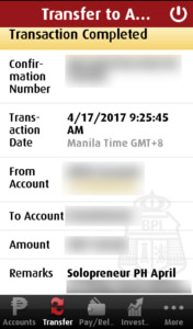 A fund transfer transaction using BPI mobile banking app.