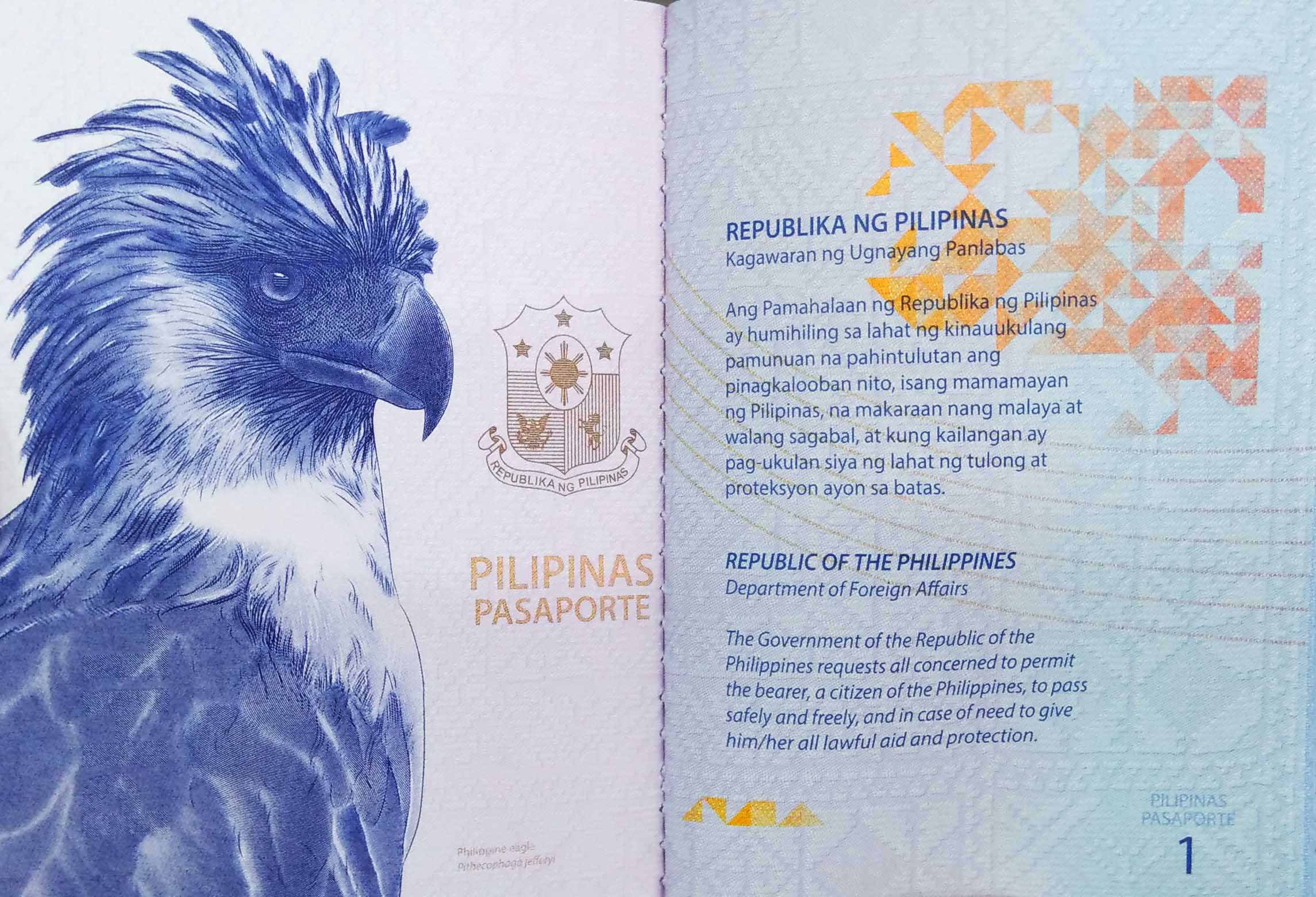 The first page of the new Philippine passport showing an image of the Philippine eagle.