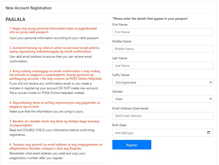 New account registration for those whop wants their eregistration for the first time.