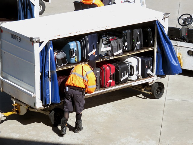 A baggage handler at the airport checking and arranging the luggages to be transported to the plane.