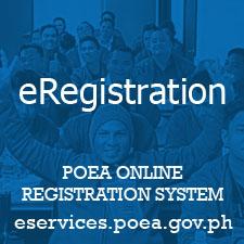 Images of OFWs in the background printed with POEA Online Registration System.