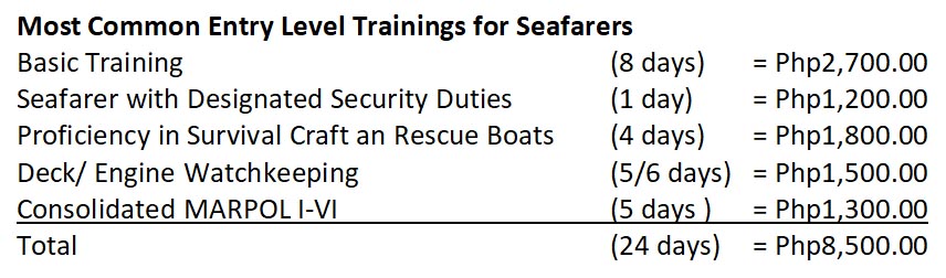 Training of a newly-graduate seafarer including the price.