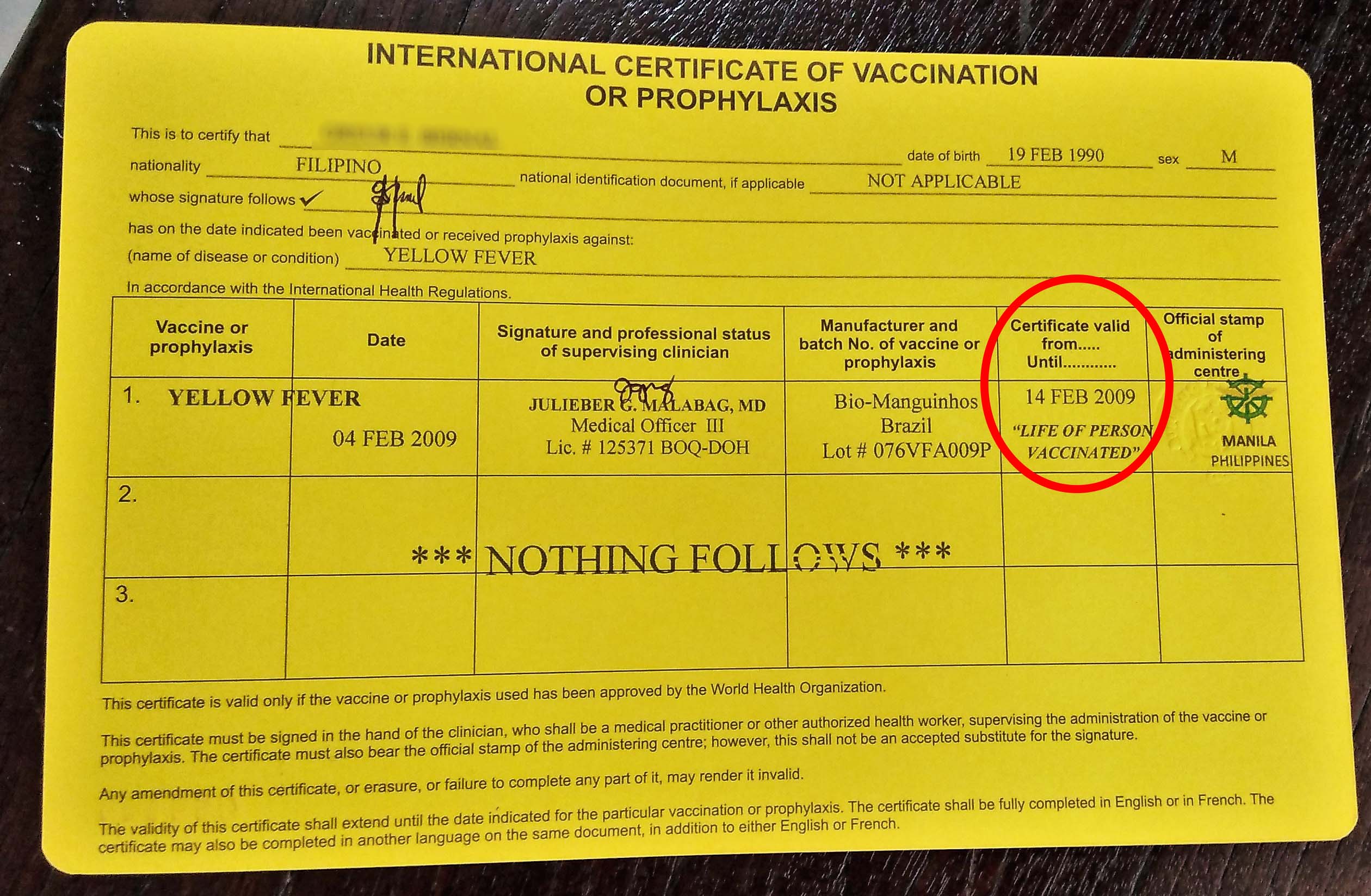 Yellow Fever Certificate with Lifetime Validity