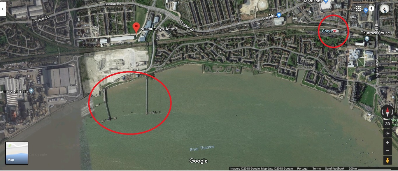 Google Map screenshot of the tanker terminal where we docked our ship and the train station in Grays.