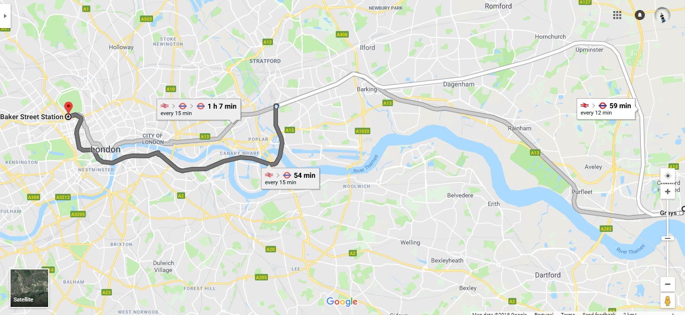 Travelling to London from Grays to Baker Street Station via Fenchurch or West Ham.