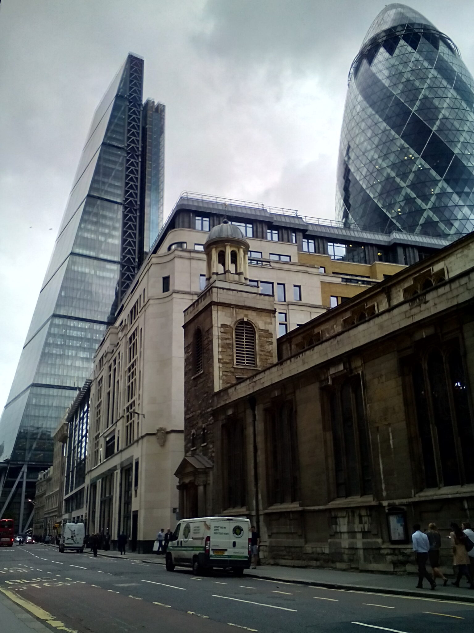 Leadenhall and The Gherkin as viewed from the street.