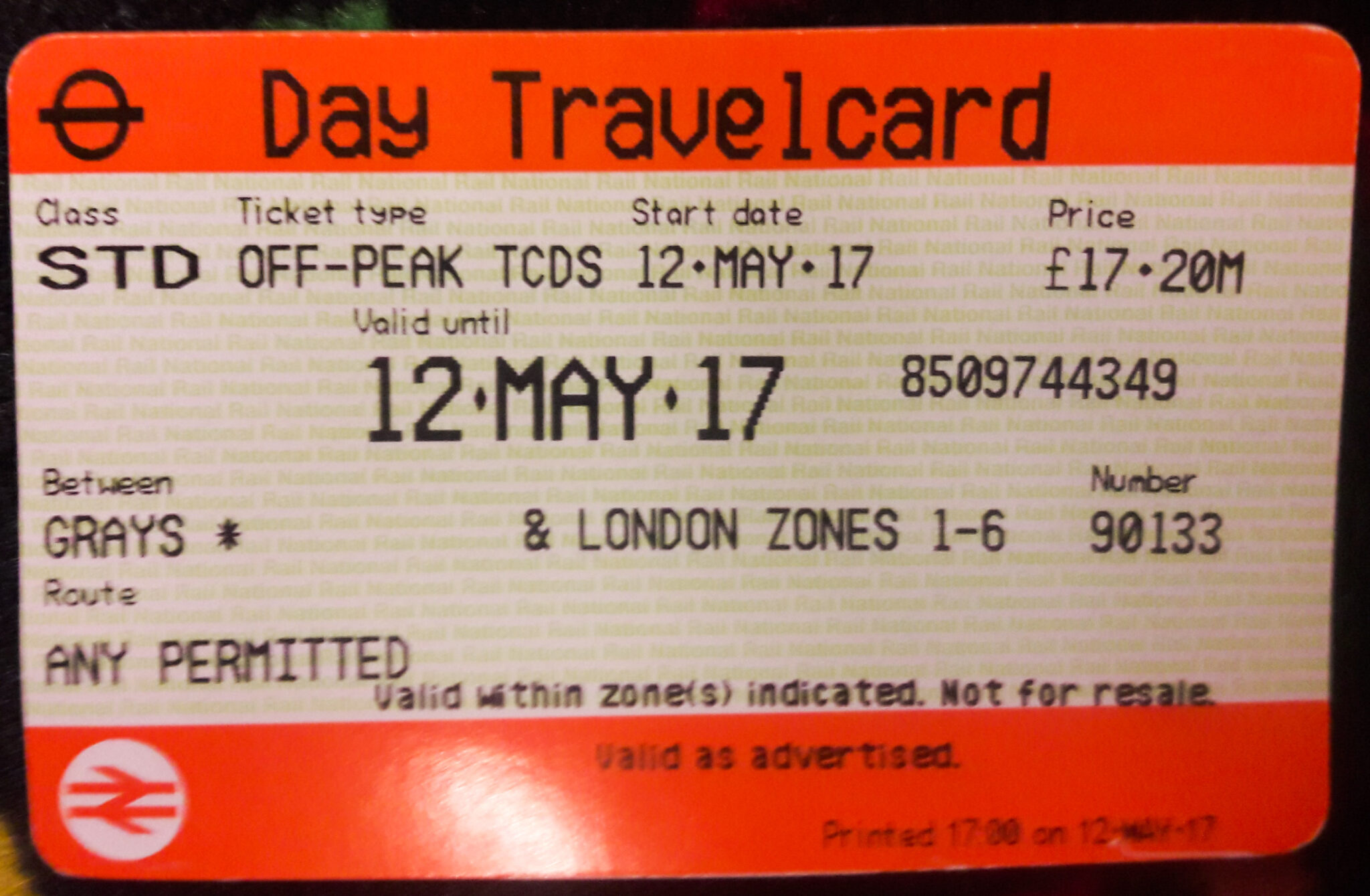 Sample day ticket when I went for a shore leave to London from Grays.