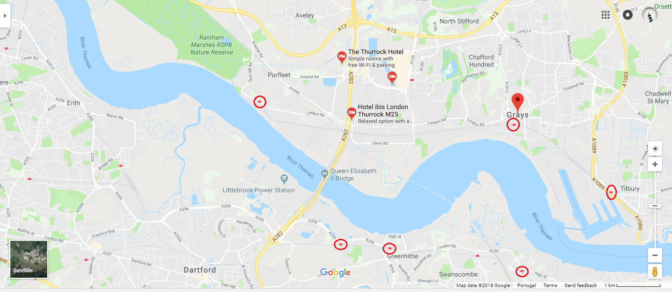 A Google Map screenshot of the River Thames and train stations near Grays.