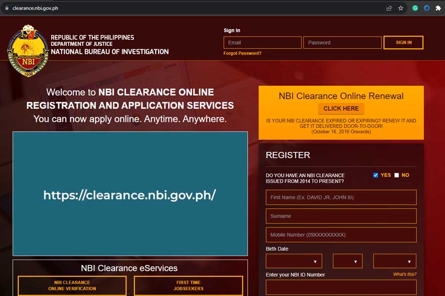 Front page of the NBI Website.