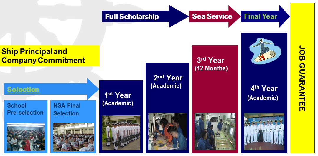 NSA Cadet Program Structure: Selection. Full Scholarship. Sea service or Apprenticeship. Final year.