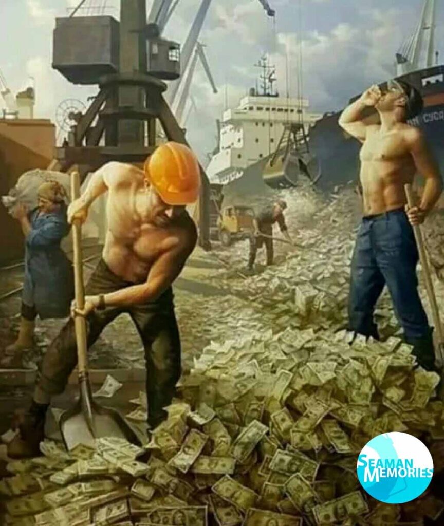 Sailors and stevedores shoveling money on the pier beside a huge cargo ship.