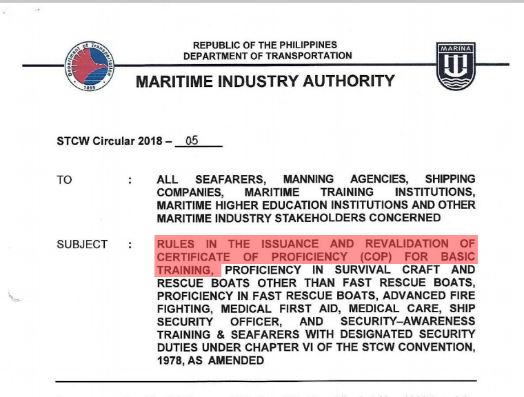 MARINA STCW Circular 2018-05. Rules in the Issuance and Revalidation of Certificate of Proficiency for Basic Training New Circular Explained