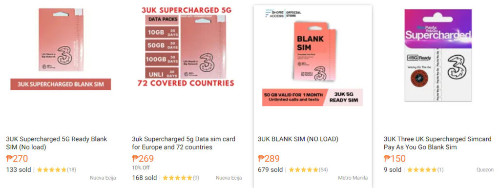 Three UK SIM cards sold in online stores.