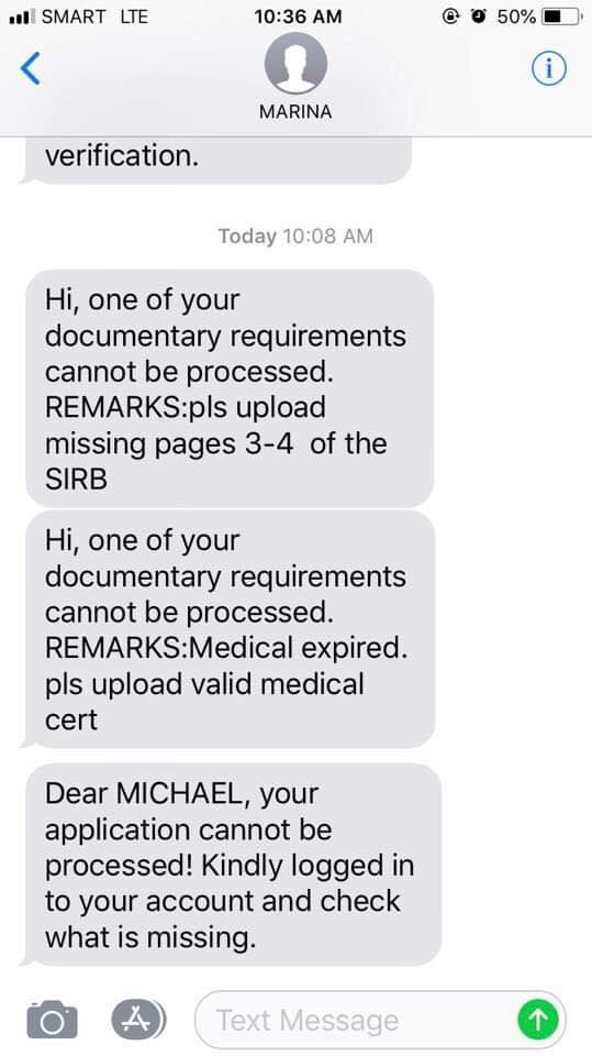 A Sample of SMS received from MISMO regarding the status of your application