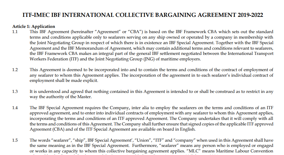 An example of Collective Bargaining Agreement between ITF and IMEC.