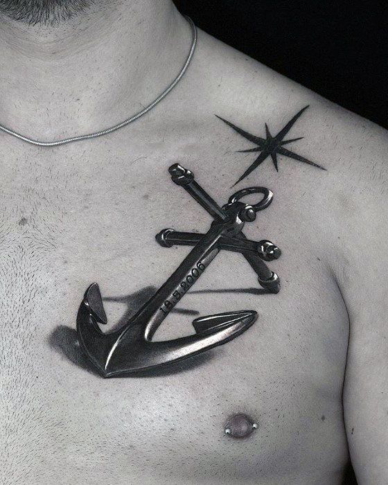A 3D anchor tattoo on the chest of a man.