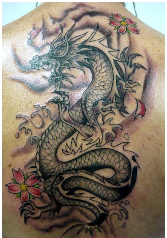 A Sailor's dragon tattoo on his back.