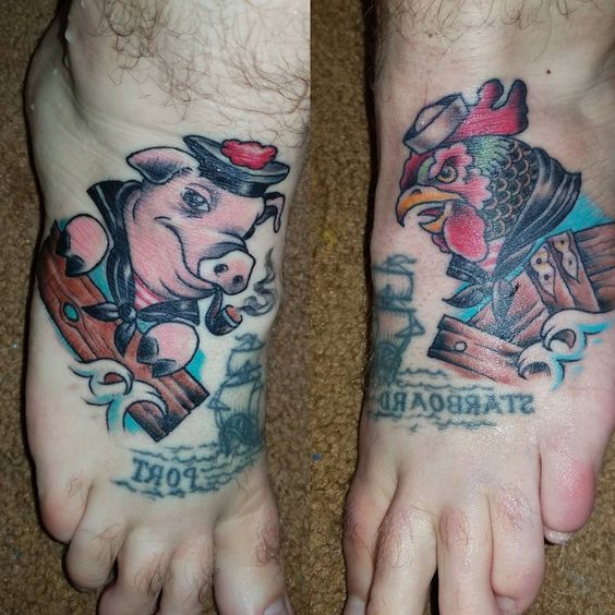 Pig and rooster tattoo on a seaman's feet.