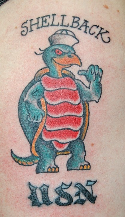 A Shellback turtle tattoo of a US Navy crew.