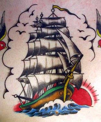 A colored fully rigged ship tattoo with swallows and the rising sun in the background.