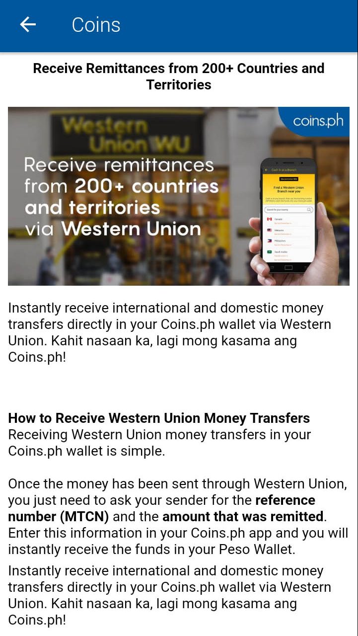 CoinsPh: Receive remittances from 200+ countries and territories via Western Union.