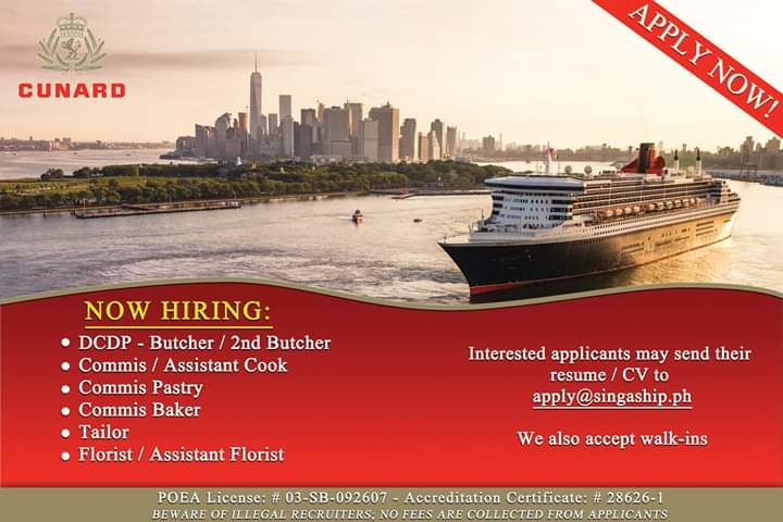 Singa Ship Management Offering Jobs for their Partner Company Cunard Line