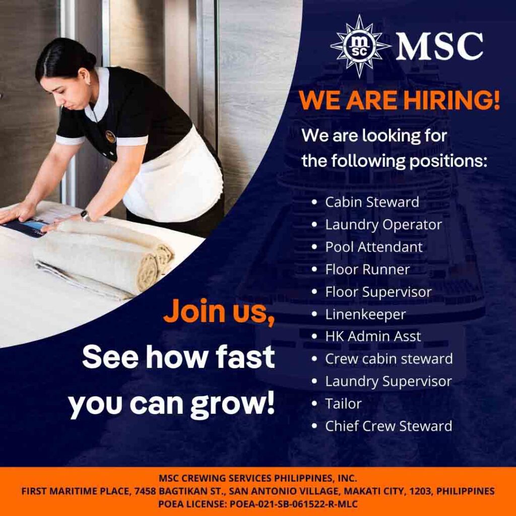 An MSC Hiring Poster showing a housekeeper fixing a bed of a cabin inside a cruise ship.