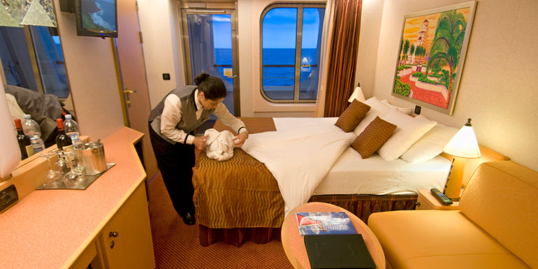 A woman in a housekeeping job in a cruise ship.