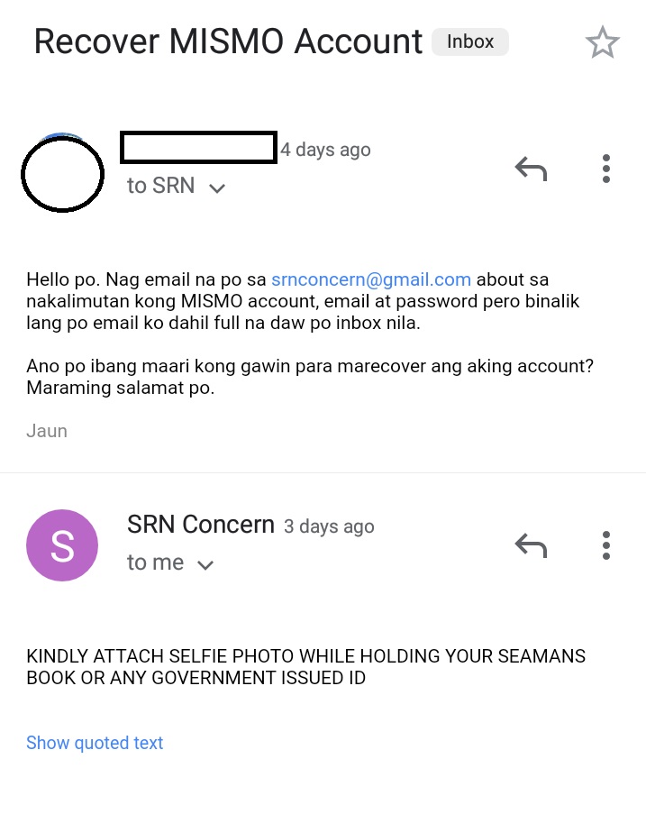 A reply from SRN Concern MARINA asking me to send them a copy of my Seaman's Book or any government issued ID.
