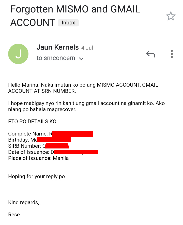 Email request to recover your MARINA MISMO account.