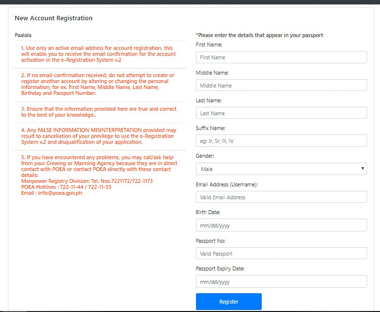 New account registration for version 2 containing very important reminders and the blank details that you have to fill up according to what appears in your passport.