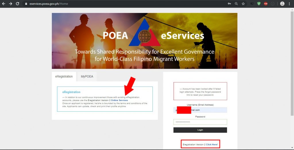 Old POEA eservices website providing link to their new eregistration version 2.