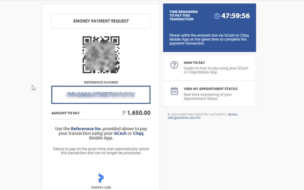 eMoney Payment Request showing your PRN and QR Code.