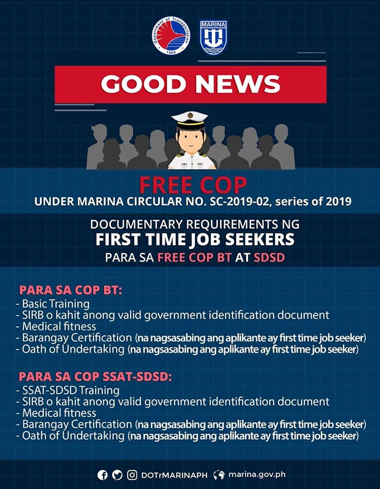 MARINA post for the documentary requirements of First Time Job Seekers to avail of Free COP for BT and SSAT-SDSD.