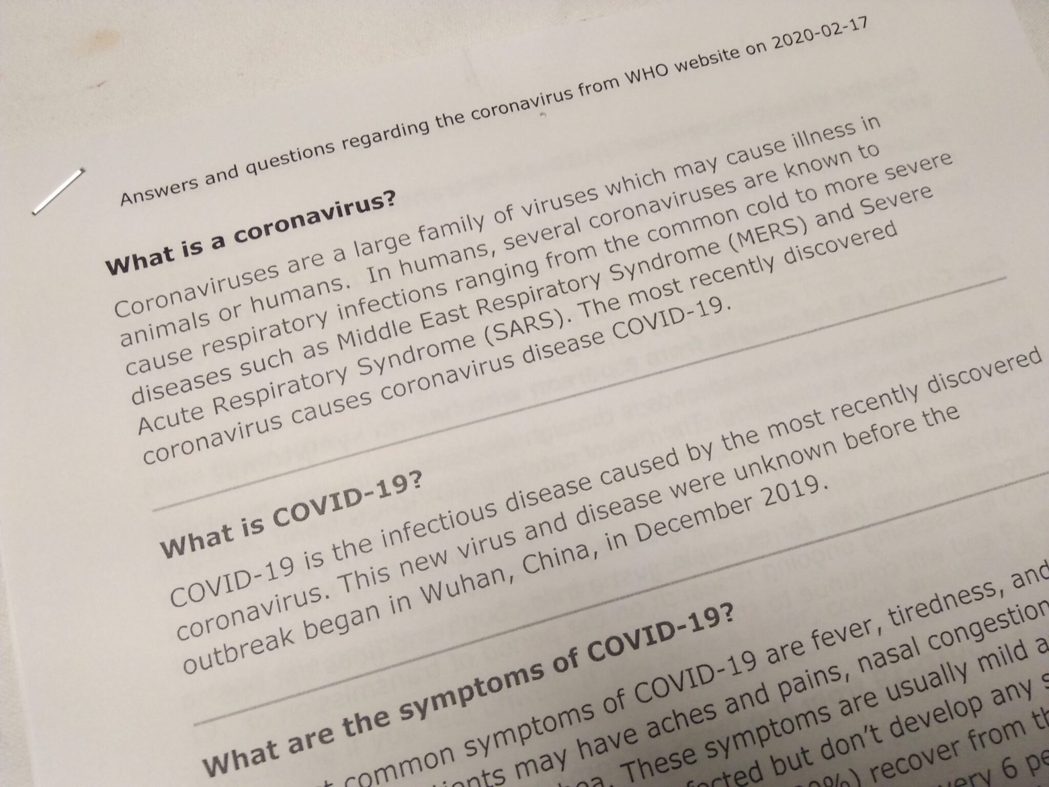 A printed copy about the corona virus taken from WHO website and posted in the mess hall for all crew to read.