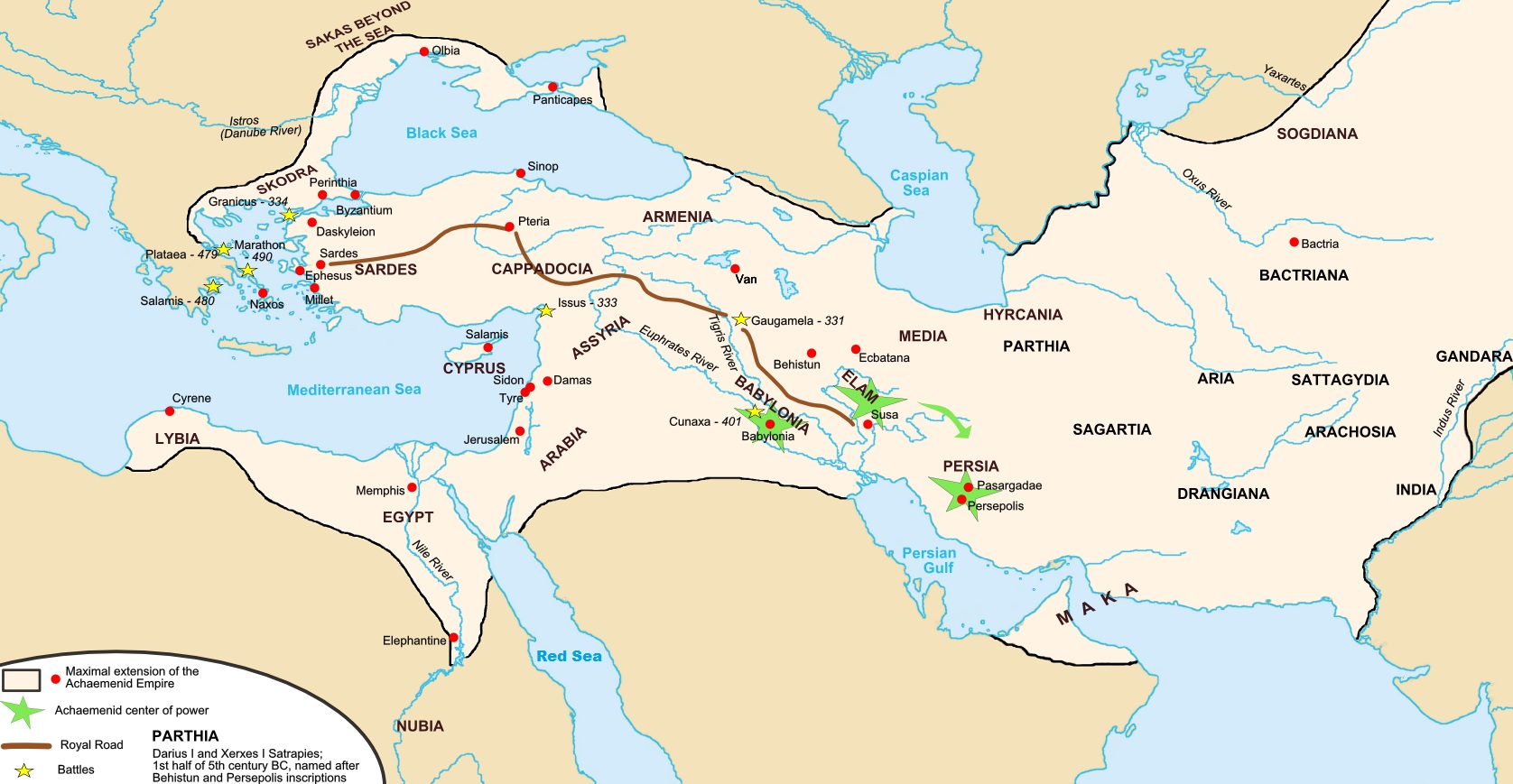 Map of the Achaemenid Empire with the Red Sea (South), Mediterranean Sea (West), and the "Sea in the North".