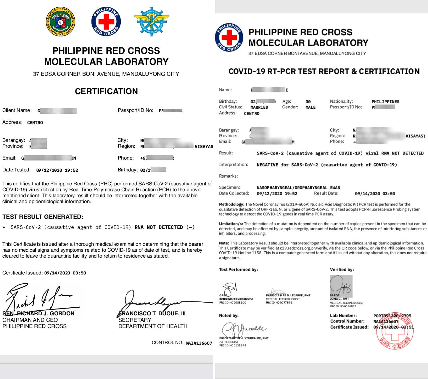 COVID-19 RT-PCR Test Result and Certification from the Philippine Red Cross Molecular Laboratory.