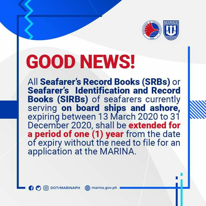 Announcement from MARINA extending expired seaman's book this year for another 12 months