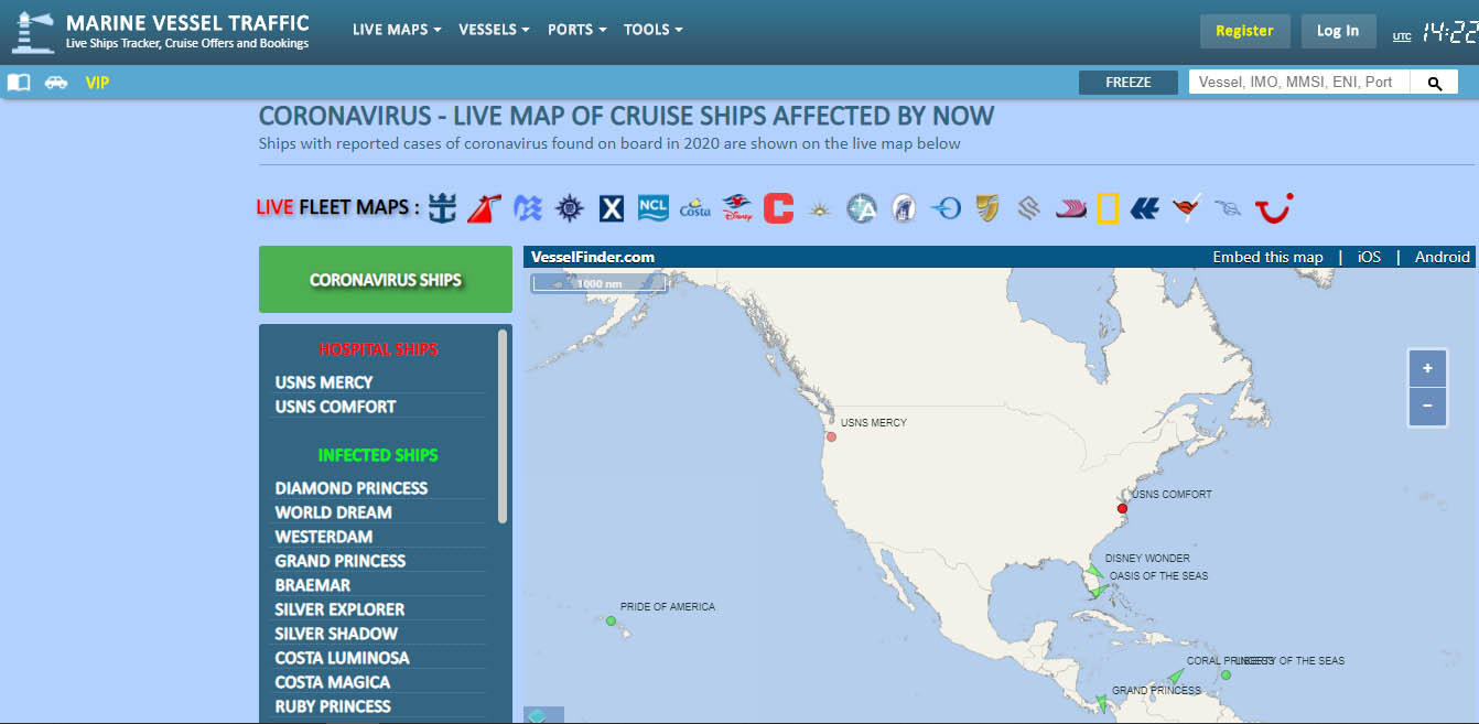 Marine Vessel Traffic showing hospital ships and ships infected with coronavirus.