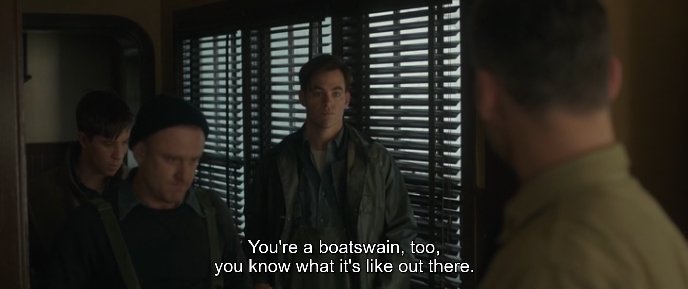 The Finest Hours movie showing Boatswain as Chris Pine and his other crewmates inside their commander's office.