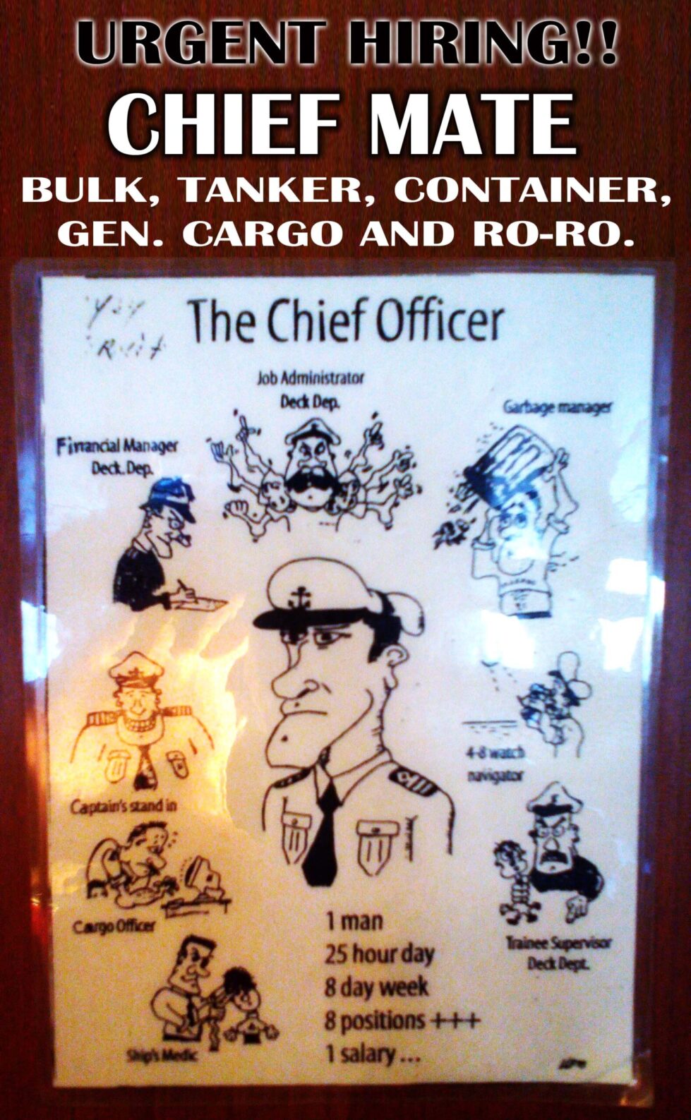 A caricature posted on board about the jobs of a Chief Officer.