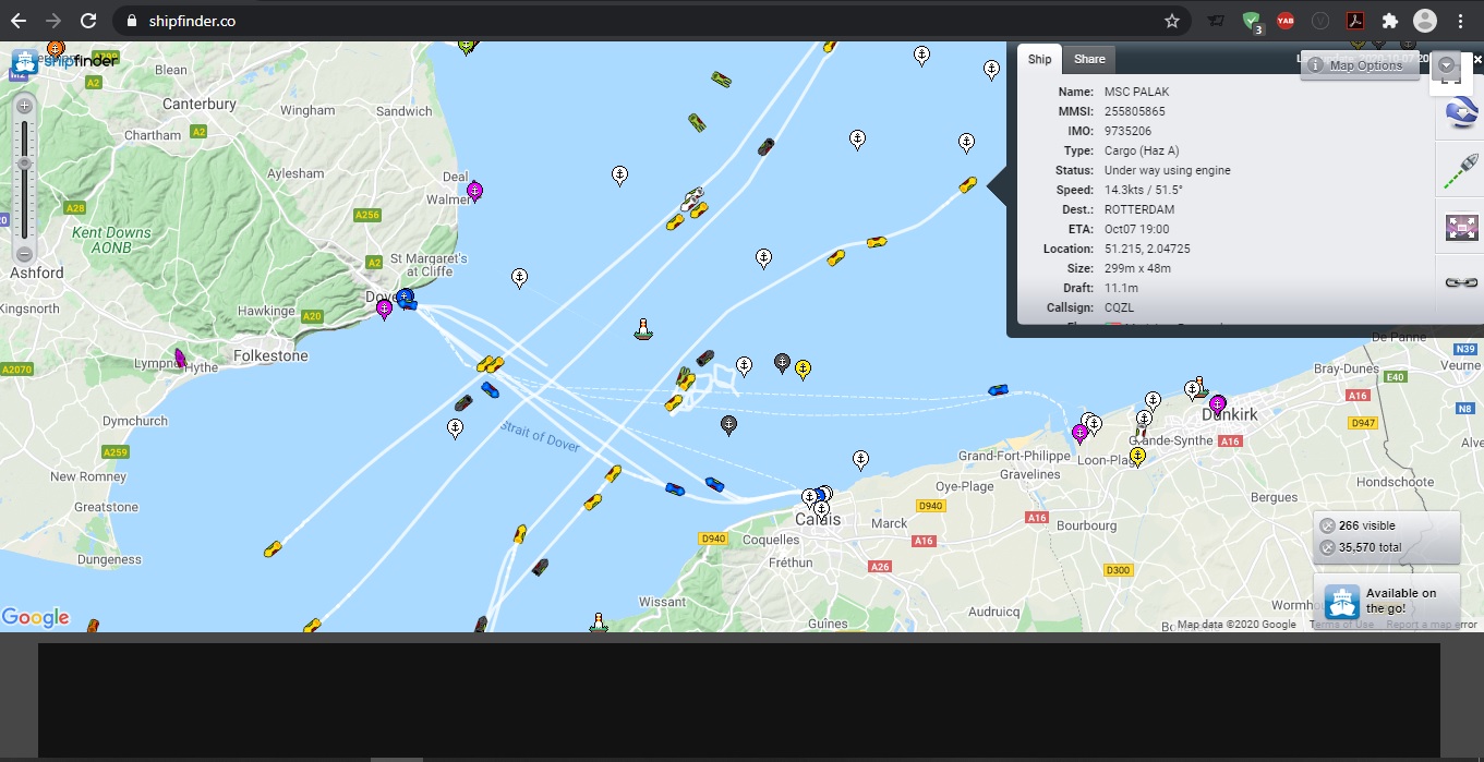 Vessel tracking using ShipFinder.co where a map of the sea and ships in different colors passing by.