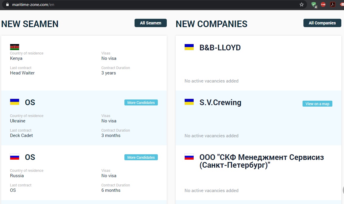 Dashboard for the maritime crewing website Maritime Zone.