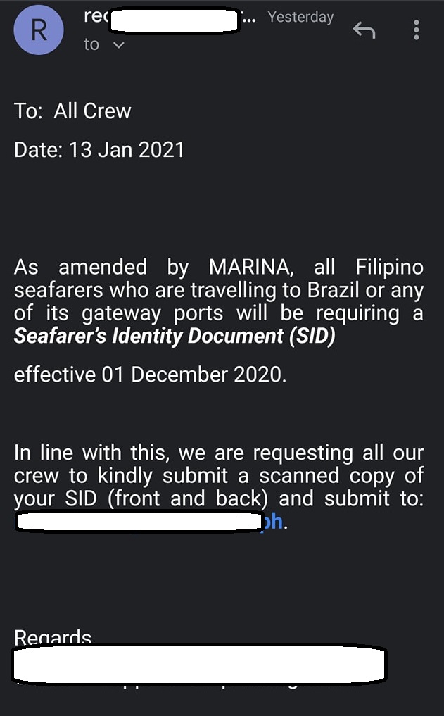 An email from a manning agency declaring SID as mandatory for their crew.