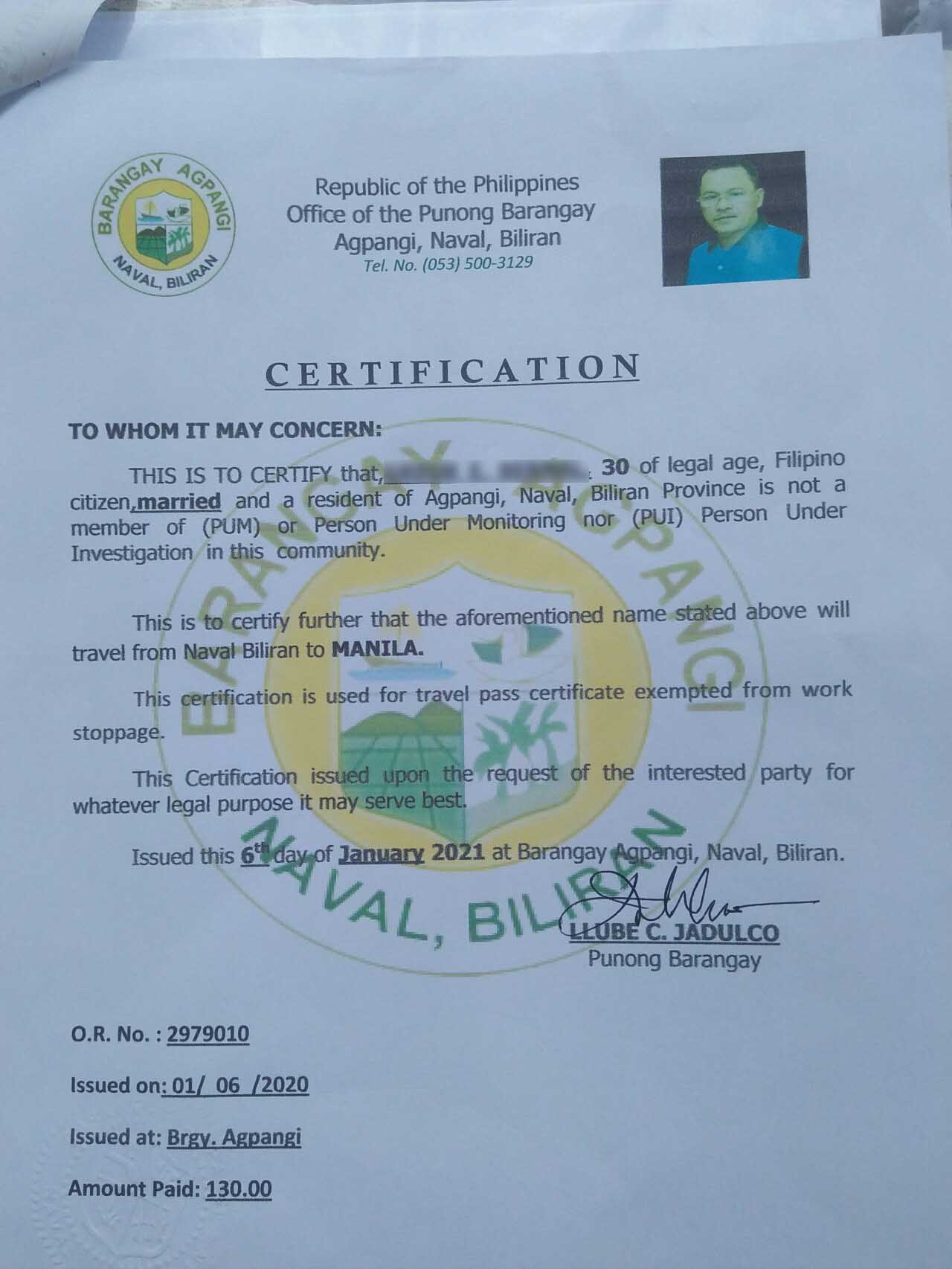 Brgy. Certification proving that I'm a resident of Brgy. Agpangi.