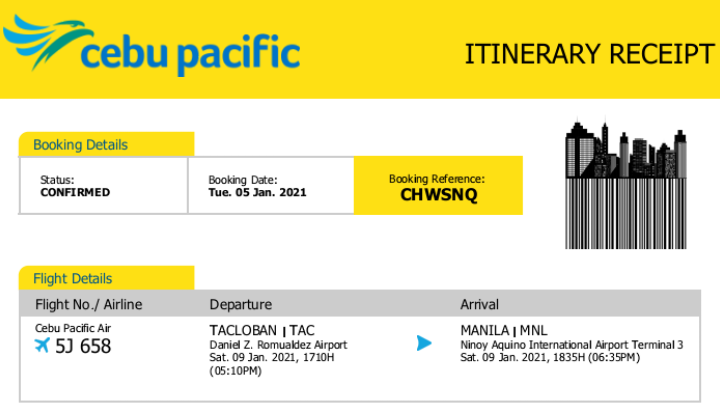 Byaheng Manila first requirement: My Flight Itinerary Receipt from Cebu Pacific Airlines.