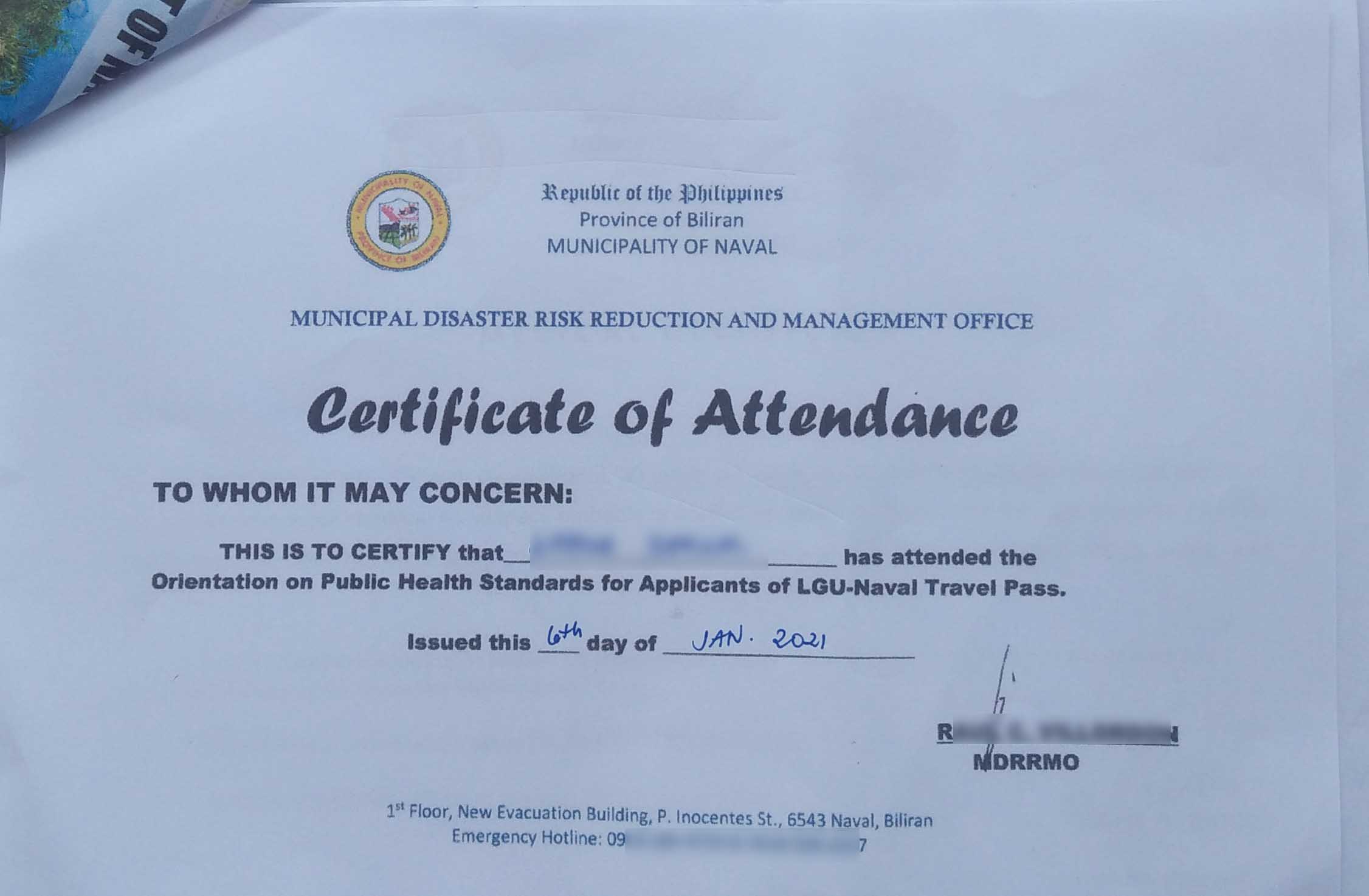 Certificate of Attendance for the Orie3ntation on Public Health Standards for Applicants of LGU-Naval Travel Pass issued by the Municipal Disaster Risk Reduction and Management Office.